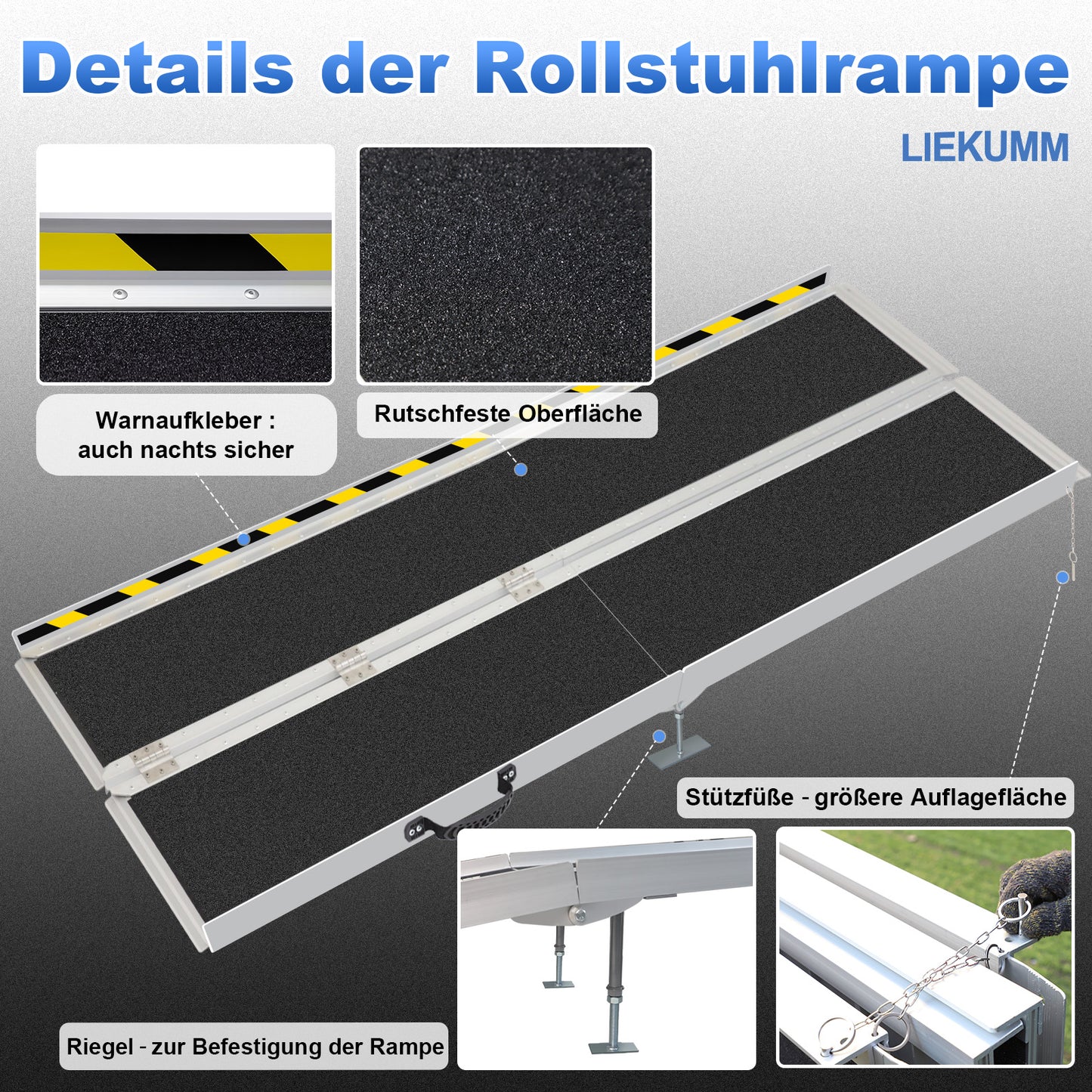 LIEKUMM Aluminium Rollstuhlrampe – Rutschfest, 300 kg Tragkraft, für Treppen & Zuhause