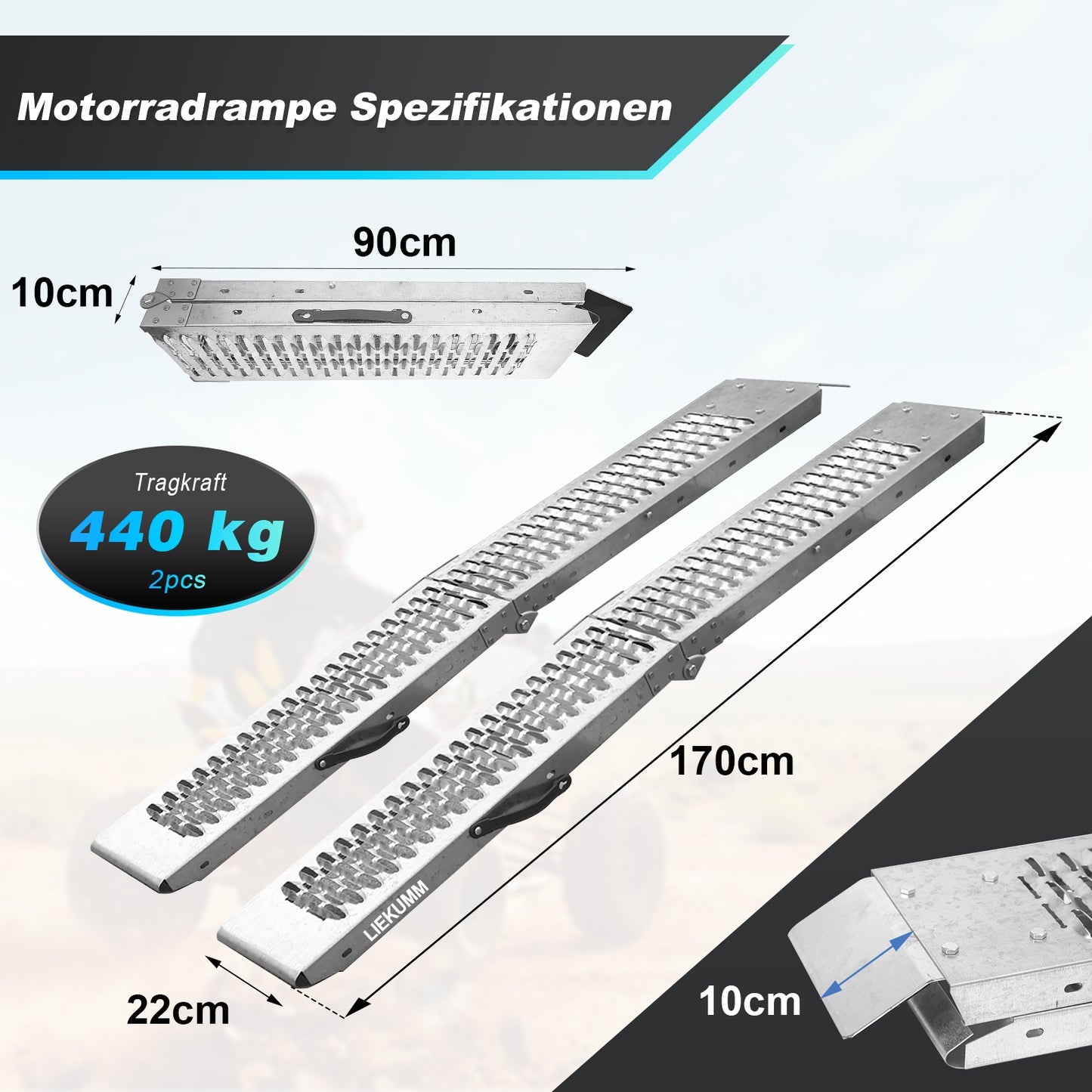 LIEKUMM 2er Set Stahl Auffahrrampe 170 cm – Klappbar, 440 kg Tragkraft