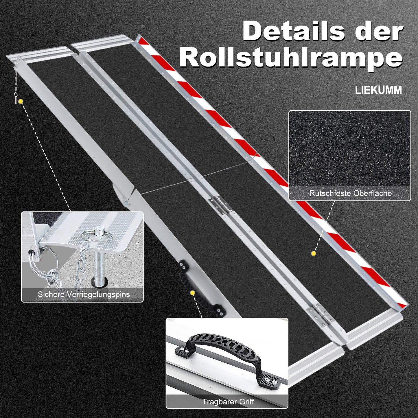 LIEKUMM Tragbare Aluminium Rollstuhlrampe 182,5 cm – Rutschfest, 300 kg