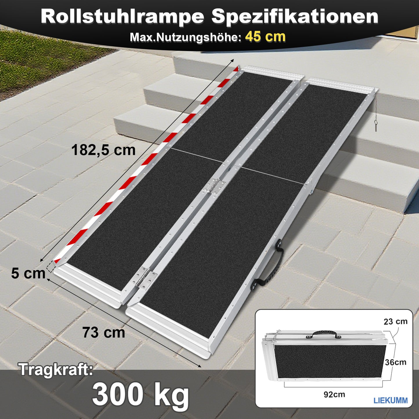 LIEKUMM Tragbare Aluminium Rollstuhlrampe 182,5 cm – Rutschfest, 300 kg
