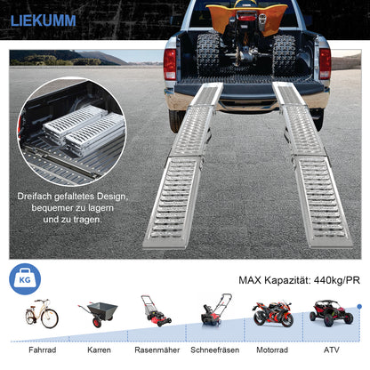 LIEKUMM Klappbare Stahl Auffahrrampe 194 cm – 440 kg, für Motorrad & Anhänger (2er Set)