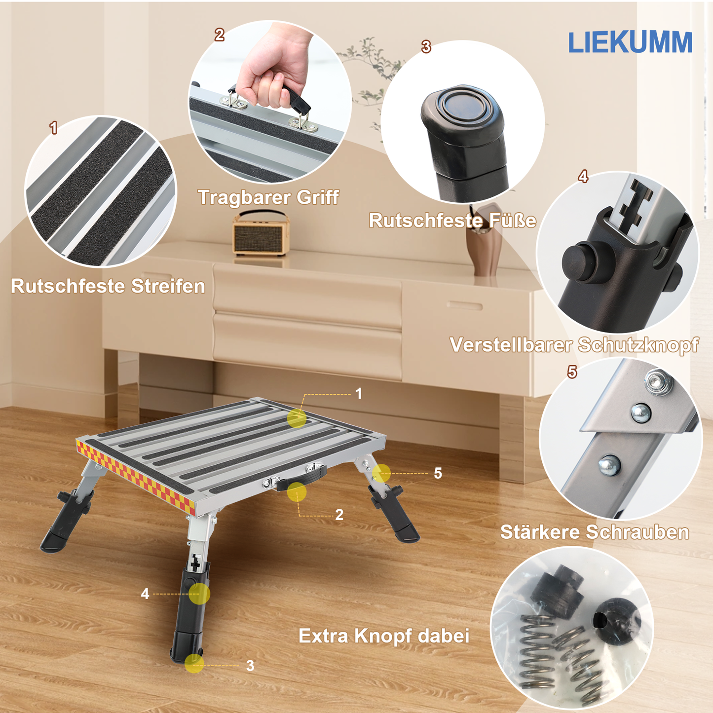 LIEKUMM Höhenverstellbarer Alu Tritthocker – Klappbar, Rutschfest, 450 kg