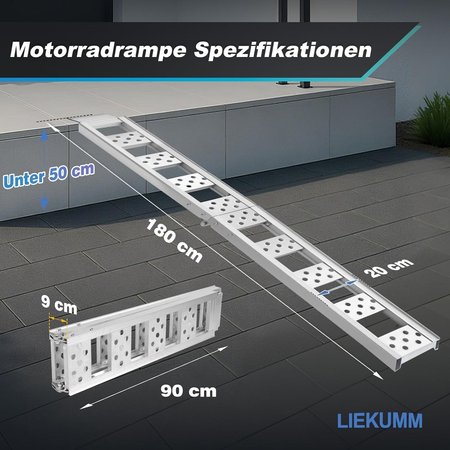 LIEKUMM 1 x 180 cm Auffahrrampe Klappbar, 200 kg Tragkraft Auffahrrampe für Anhänger, Aluminium Leicht Motorrad Rampe für Motorrad, E-Bike, Dirtbike, Fahrrad