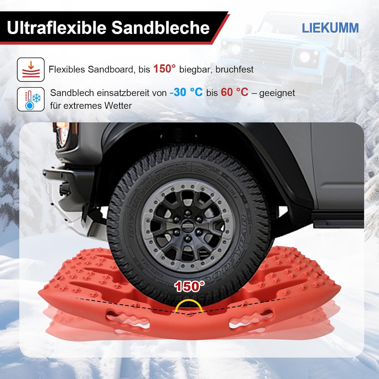 LIEKUMM 2 Stücke Sandbleche, 69 cm Kleine Größe Sandbleche Offroad für Sand Schlamm Schnee, 7 T Anfahrhilfe Wohnmobil für PKW LKW Geländewagen, mit Aufbewahrungstasche, Rot