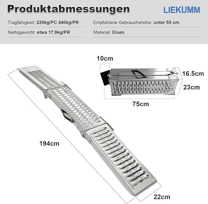 LIEKUMM 2X Faltbare Auffahrrampe, 440 kg Tragkraft Motorrad Rampe, 194 cm Stahl Klappbar Auffahrrampe für Anhänger, Rasenmäher, Rasentraktor, PKW Laderampe