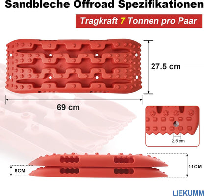 LIEKUMM 2 Stücke Sandbleche, 69 cm Kleine Größe Sandbleche Offroad für Sand Schlamm Schnee, 7 T Anfahrhilfe Wohnmobil für PKW LKW Geländewagen, mit Aufbewahrungstasche, Rot