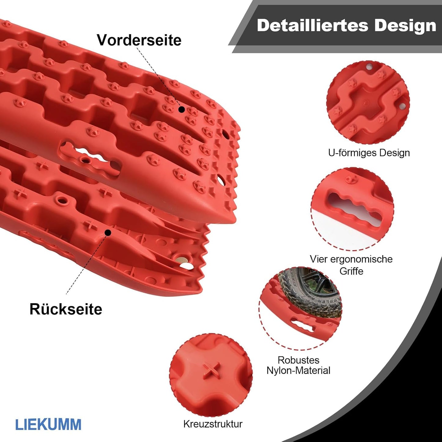 LIEKUMM 2 Stücke Sandbleche, 69 cm Kleine Größe Sandbleche Offroad für Sand Schlamm Schnee, 7 T Anfahrhilfe Wohnmobil für PKW LKW Geländewagen, mit Aufbewahrungstasche, Rot