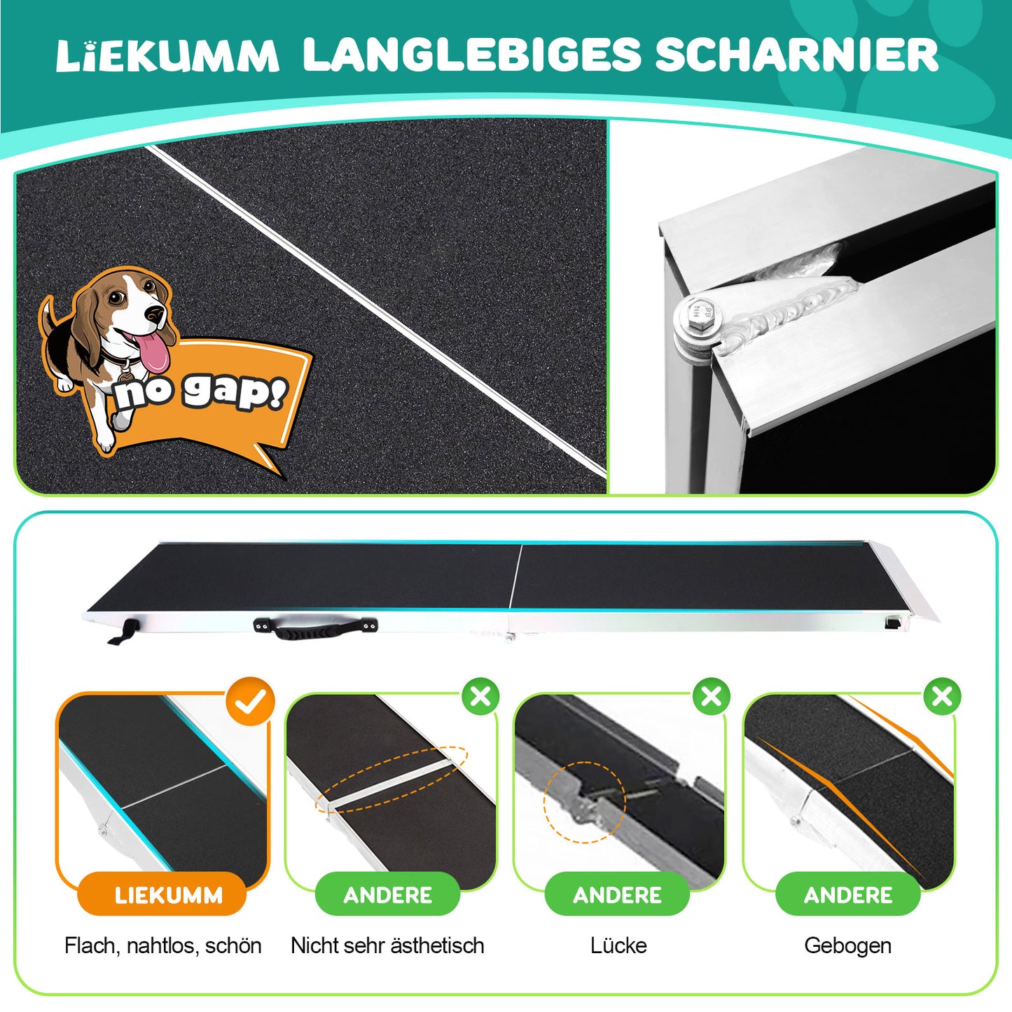 LIEKUMM Hunderrampe Klappbar, 180 kg Tragkraft Aluminium Rampe Hund, 184,5 x 38 cm Hundetreppe für Kleine Hunde, Hundetreppe Auto für LKWs und SUVs
