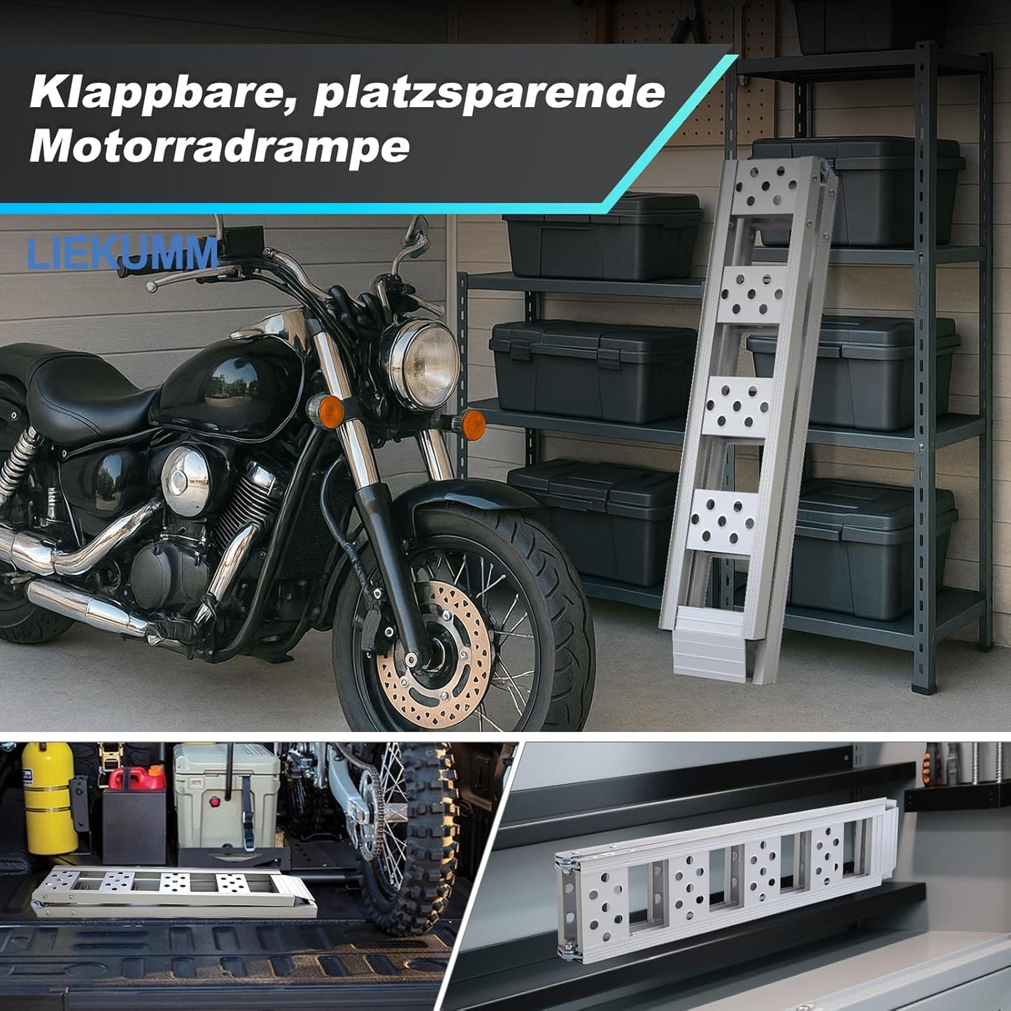 LIEKUMM 1 x 180 cm Auffahrrampe Klappbar, 200 kg Tragkraft Auffahrrampe für Anhänger, Aluminium Leicht Motorrad Rampe für Motorrad, E-Bike, Dirtbike, Fahrrad