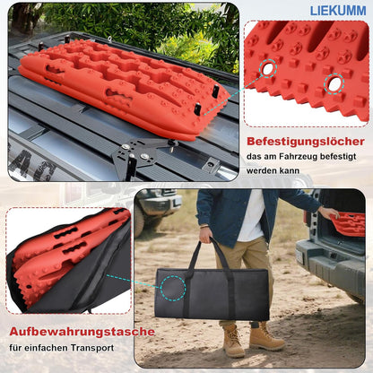 LIEKUMM 2 Stücke Sandbleche, 69 cm Kleine Größe Sandbleche Offroad für Sand Schlamm Schnee, 7 T Anfahrhilfe Wohnmobil für PKW LKW Geländewagen, mit Aufbewahrungstasche, Rot