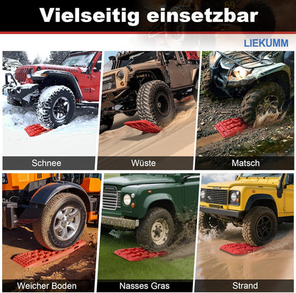 LIEKUMM 2 Stücke Sandbleche, 69 cm Kleine Größe Sandbleche Offroad für Sand Schlamm Schnee, 7 T Anfahrhilfe Wohnmobil für PKW LKW Geländewagen, mit Aufbewahrungstasche, Rot