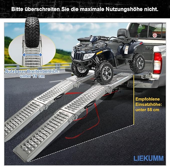 LIEKUMM 2X Faltbare Auffahrrampe, 440 kg Tragkraft Motorrad Rampe, 194 cm Stahl Klappbar Auffahrrampe für Anhänger, Rasenmäher, Rasentraktor, PKW Laderampe