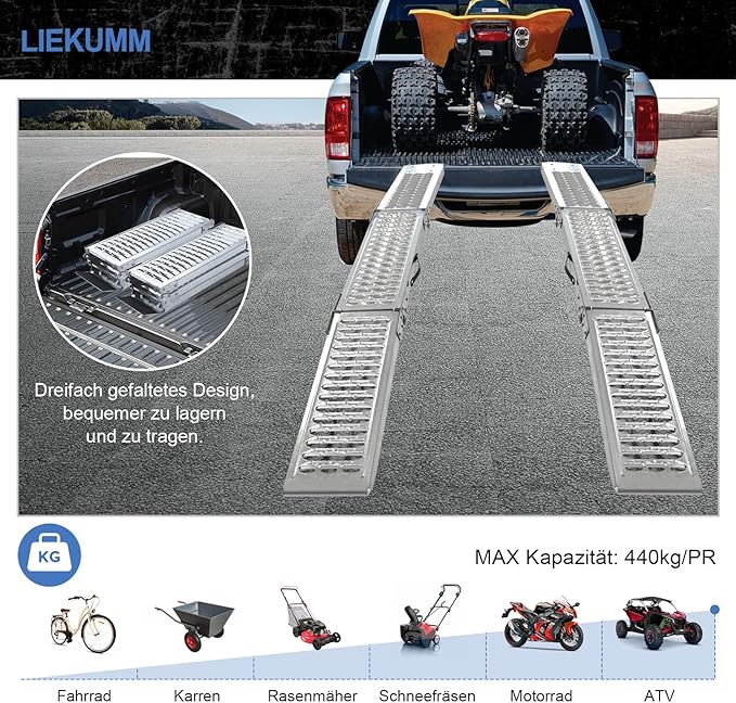LIEKUMM 2X Faltbare Auffahrrampe, 440 kg Tragkraft Motorrad Rampe, 194 cm Stahl Klappbar Auffahrrampe für Anhänger, Rasenmäher, Rasentraktor, PKW Laderampe