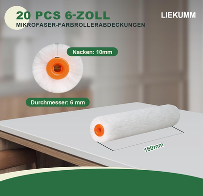 LIEKUMM 20 Stücke Malerrollen Set, 16 cm Farbroller, Florhöhe 10mm Profi Farbwalze, Lackroller für Holz, Farbrollen für Zimmer, Wand, Decke, Kabinettmalerei, Weiß