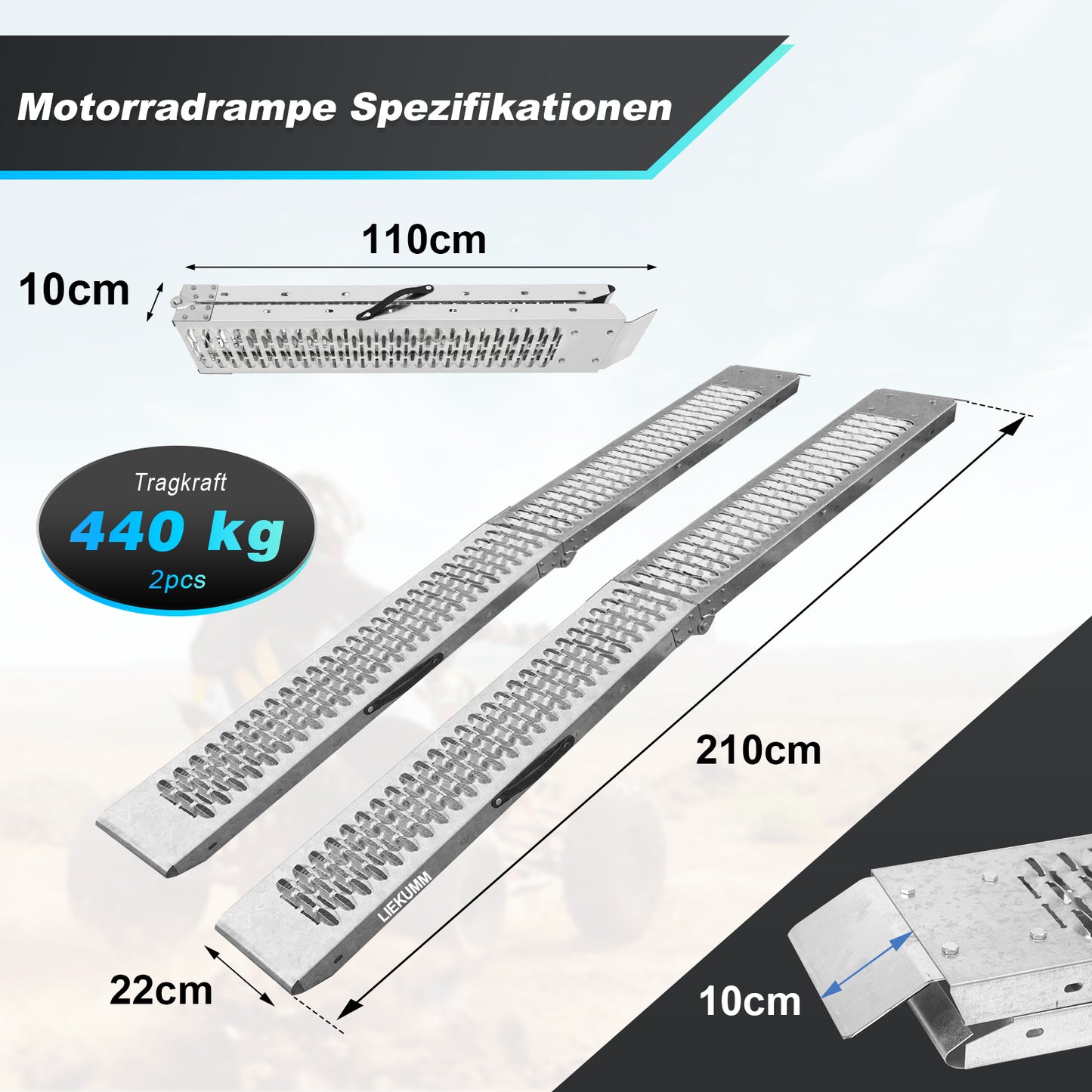 LIEKUMM Klappbare Stahl Auffahrrampe 210 cm – 440 kg, für Motorrad & Anhänger (2er Set)
