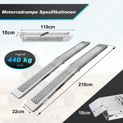 LIEKUMM Klappbare Stahl Auffahrrampe 210 cm – 440 kg, für Motorrad & Anhänger (2er Set)