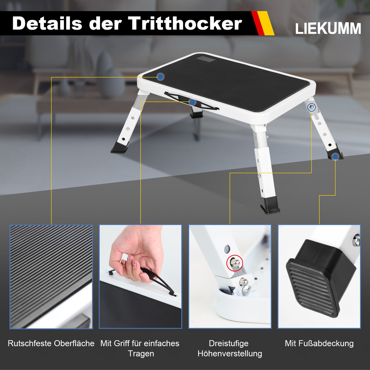 LIEKUMM 3-stufiger Klapphocker – Höhenverstellbar, Rutschfest, 150 kg