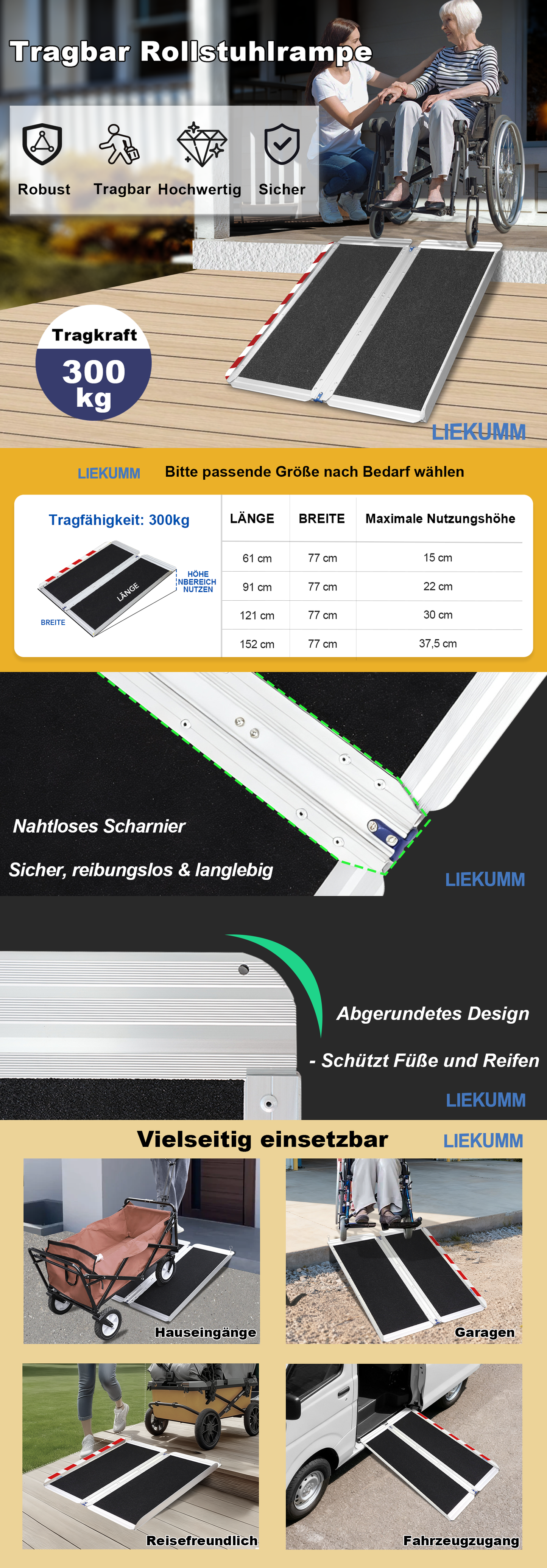 LIEKUMM Extra Breite Rollstuhlrampe 61-152 cm – Aluminium, klappbar, 300 kg