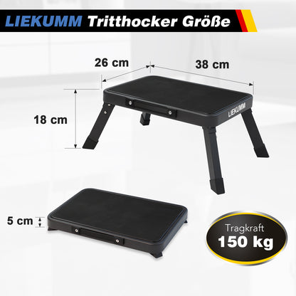 LIEKUMM Tritthocker 18 cm – Klappbar, 150 kg Belastbar