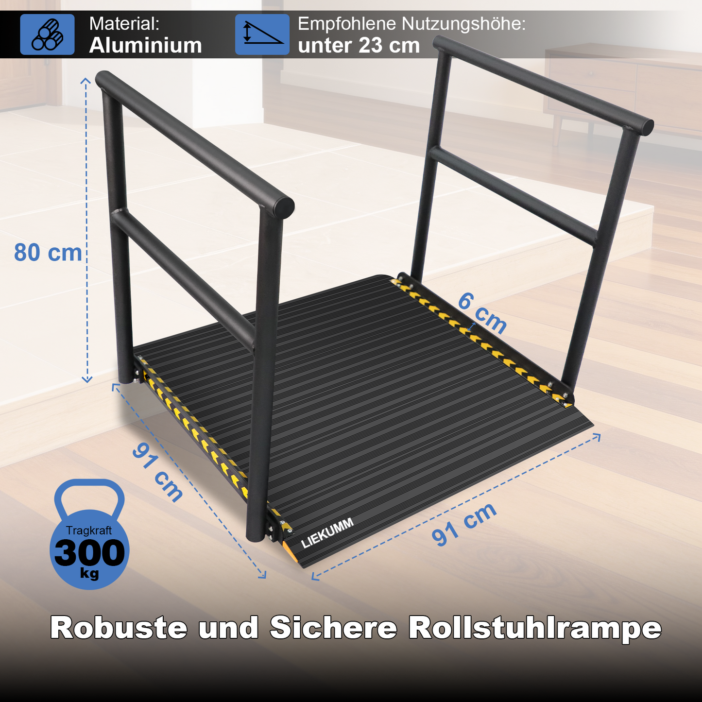 LIEKUMM Rollstuhlrampe mit Handläufen 91 × 91 cm – Aluminium, 300 kg