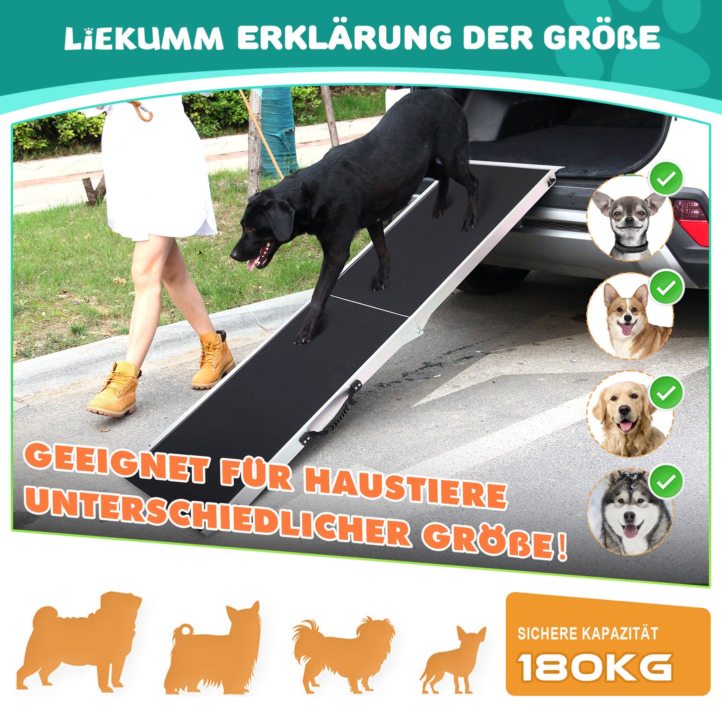 LIEKUMM Hunderrampe Klappbar, 180 kg Tragkraft Aluminium Rampe Hund, 184,5 x 38 cm Hundetreppe für Kleine Hunde, Hundetreppe Auto für LKWs und SUVs