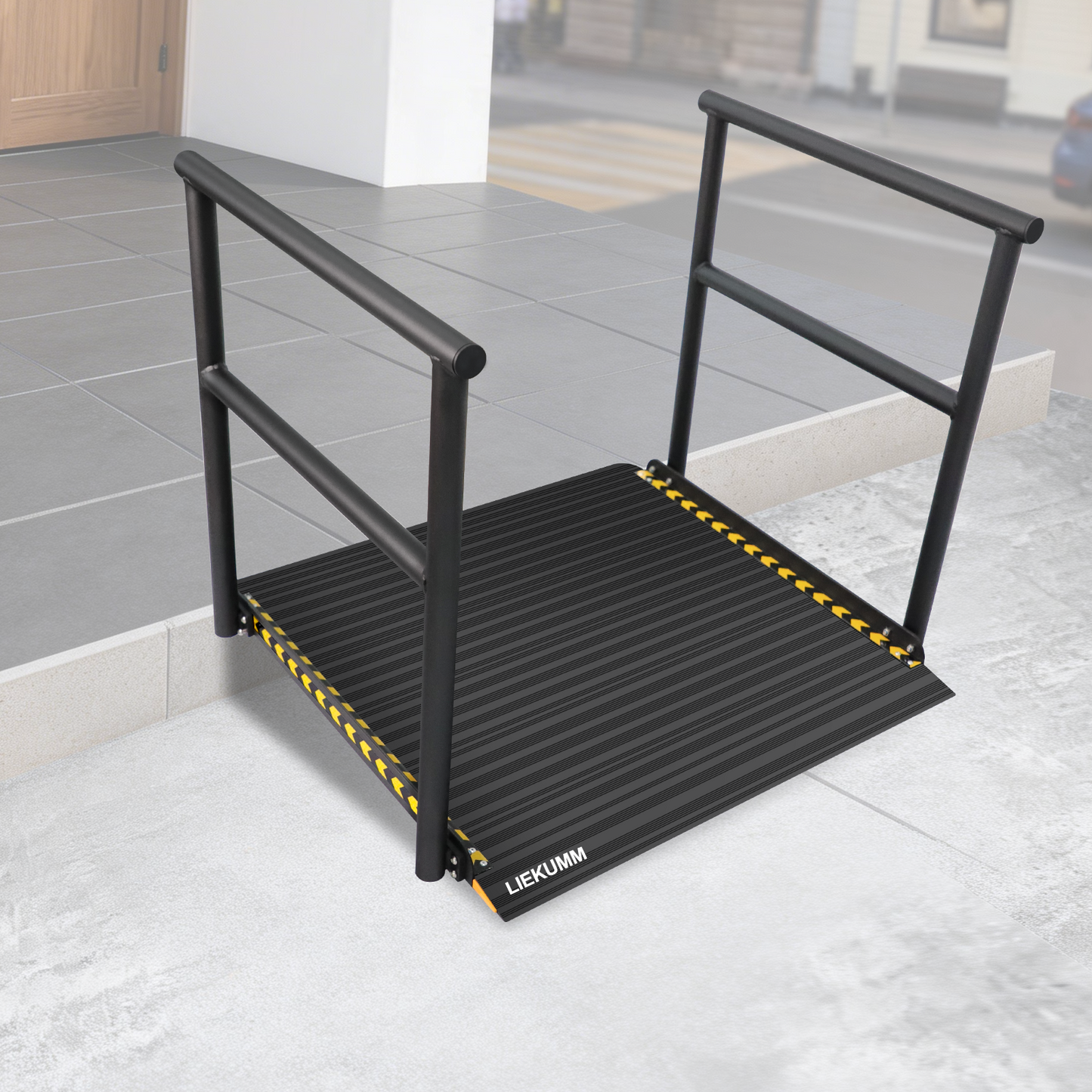 LIEKUMM Rollstuhlrampe mit Handläufen 91 × 91 cm – Aluminium, 300 kg