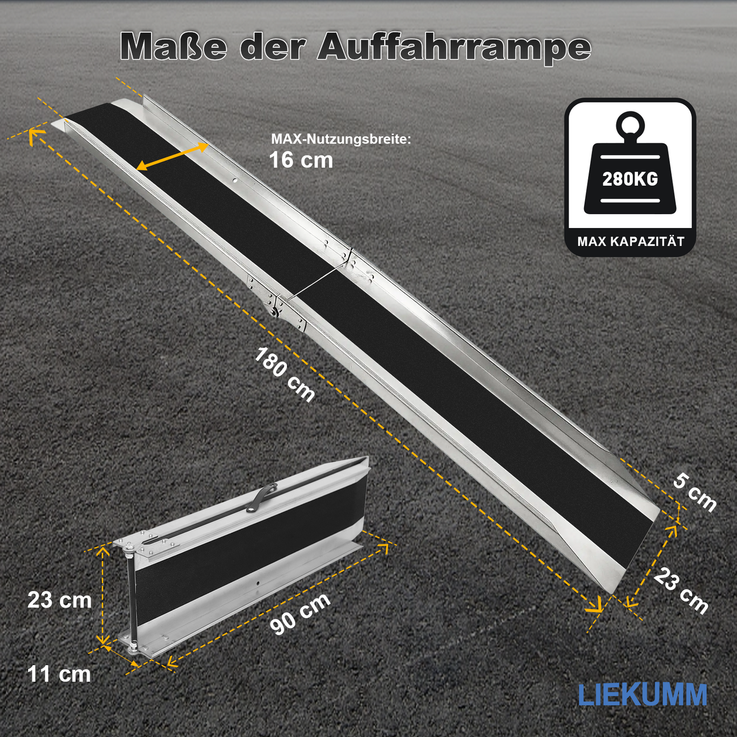 LIEKUMM Stahl Auffahrrampe 180 cm – Klappbar, 280 kg Tragkraft