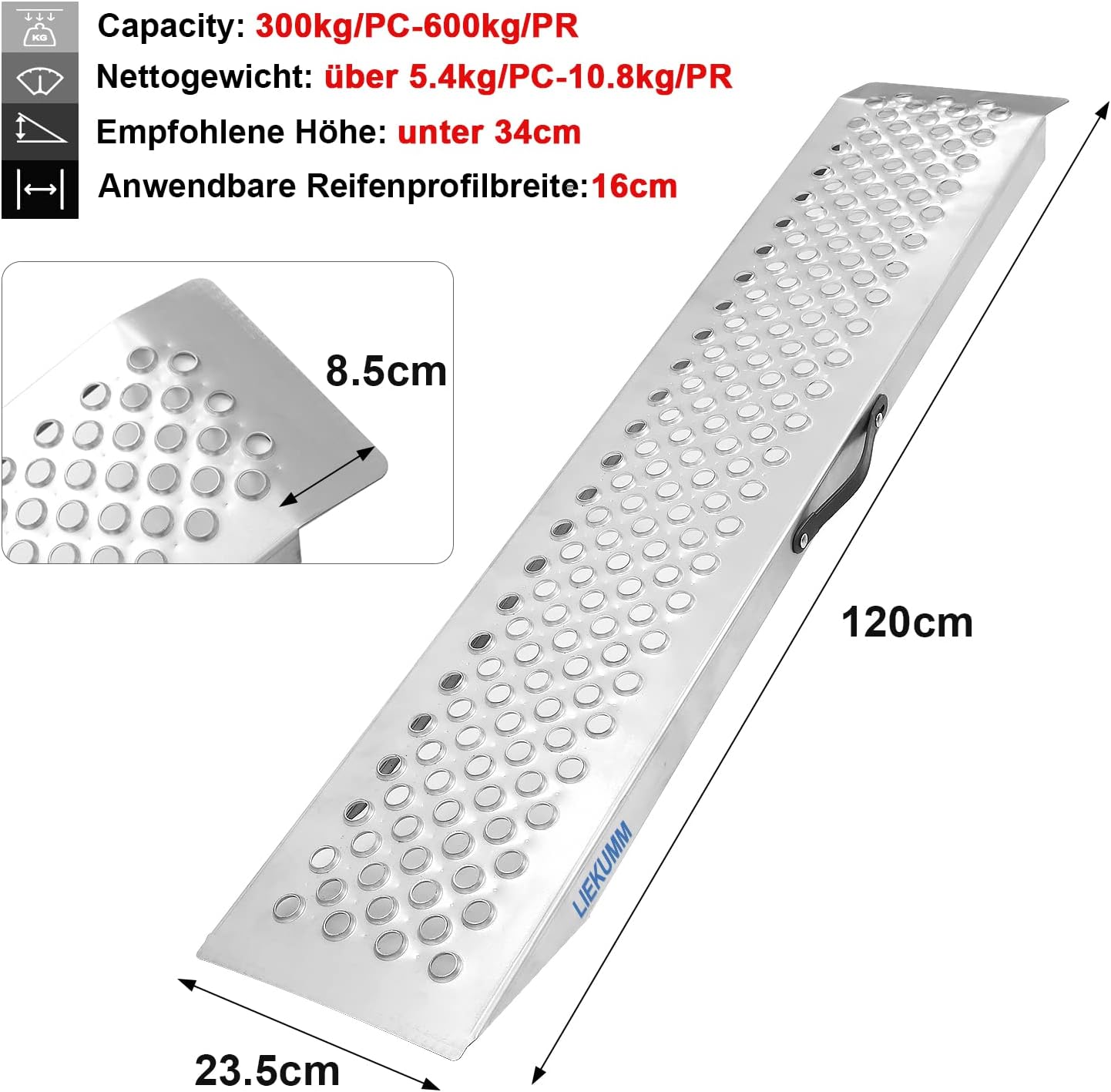 Rampe de chargement de 120 cm de long, rampe de chargement avec poinçon, capacité de 300 kg/PC pour moto, VTT, camion, quad, tondeuse à gazon, souffleuse à neige, antidérapante, étanche, antirouille, 1 pièce. 
