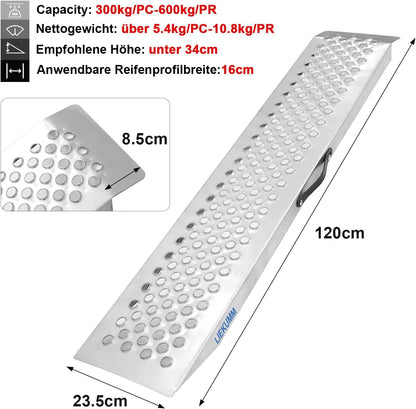 Rampe de chargement de 120 cm de long, rampe de chargement avec poinçon, capacité de 300 kg/PC pour moto, VTT, camion, quad, tondeuse à gazon, souffleuse à neige, antidérapante, étanche, antirouille, 1 pièce. 